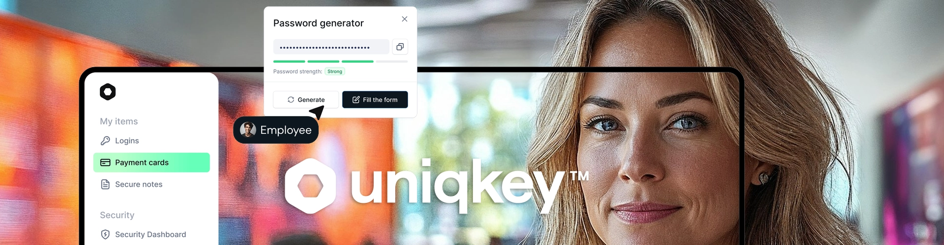 Title image with lady and superimposed uniqkey screenshot