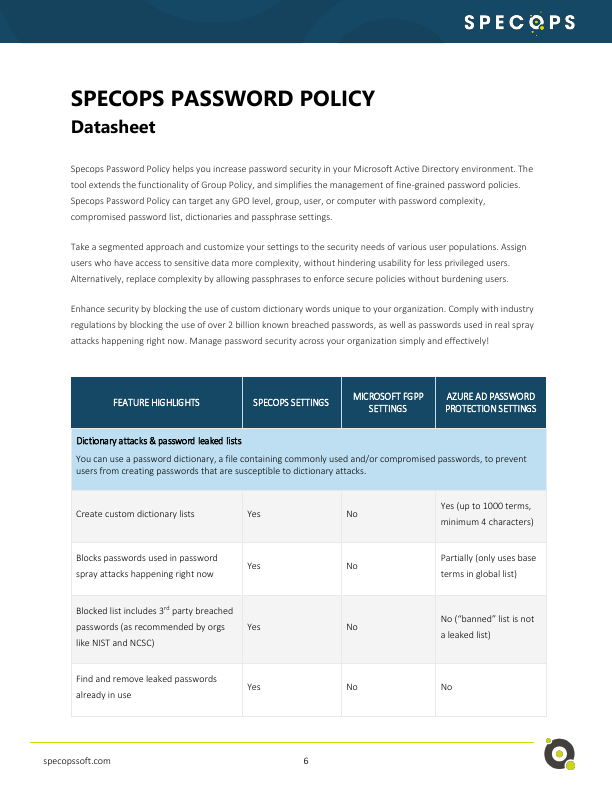 Specops Password Policy Datasheet document image
