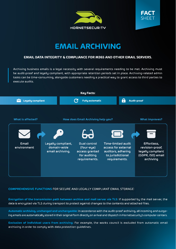 Thumbnail for Hornet Security Email Archiving FactSheet document